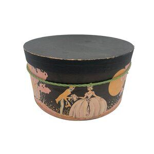 Antique Cardboard Hat Box 17th Century Garden Party Graphics 1920s13"x7"